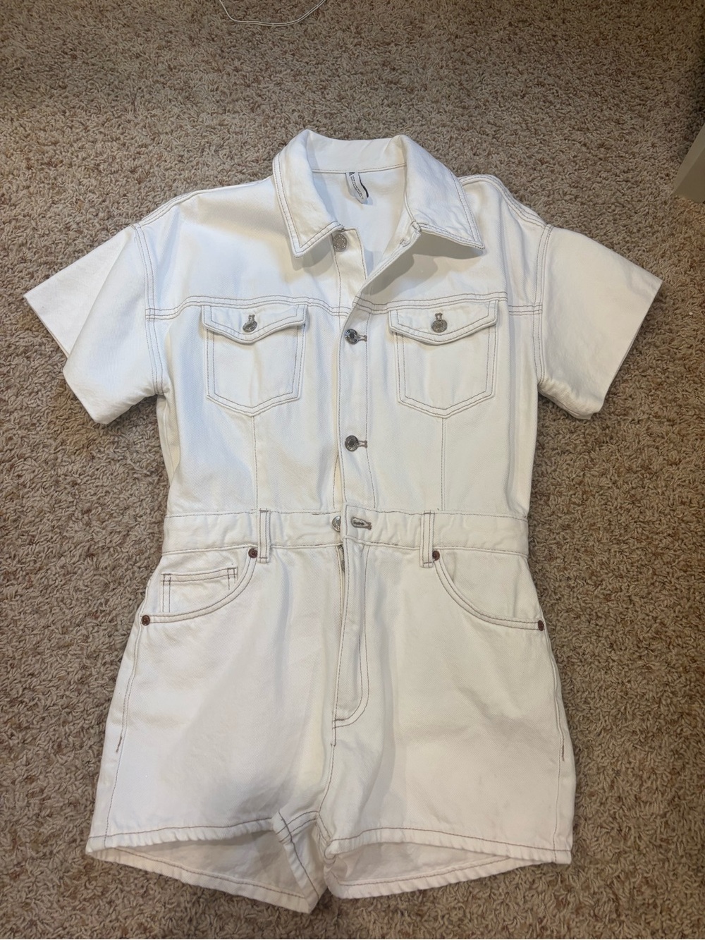 Zara White Short-Sleeve Denim Romper